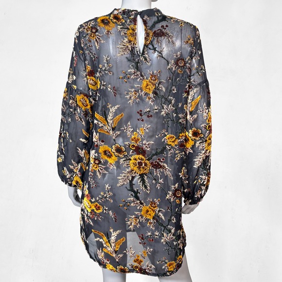 Dark Floral Velvet Burnout Sheer Long Sleeve Mini Dress Womens M Boho Whimsygoth - Picture 2 of 8